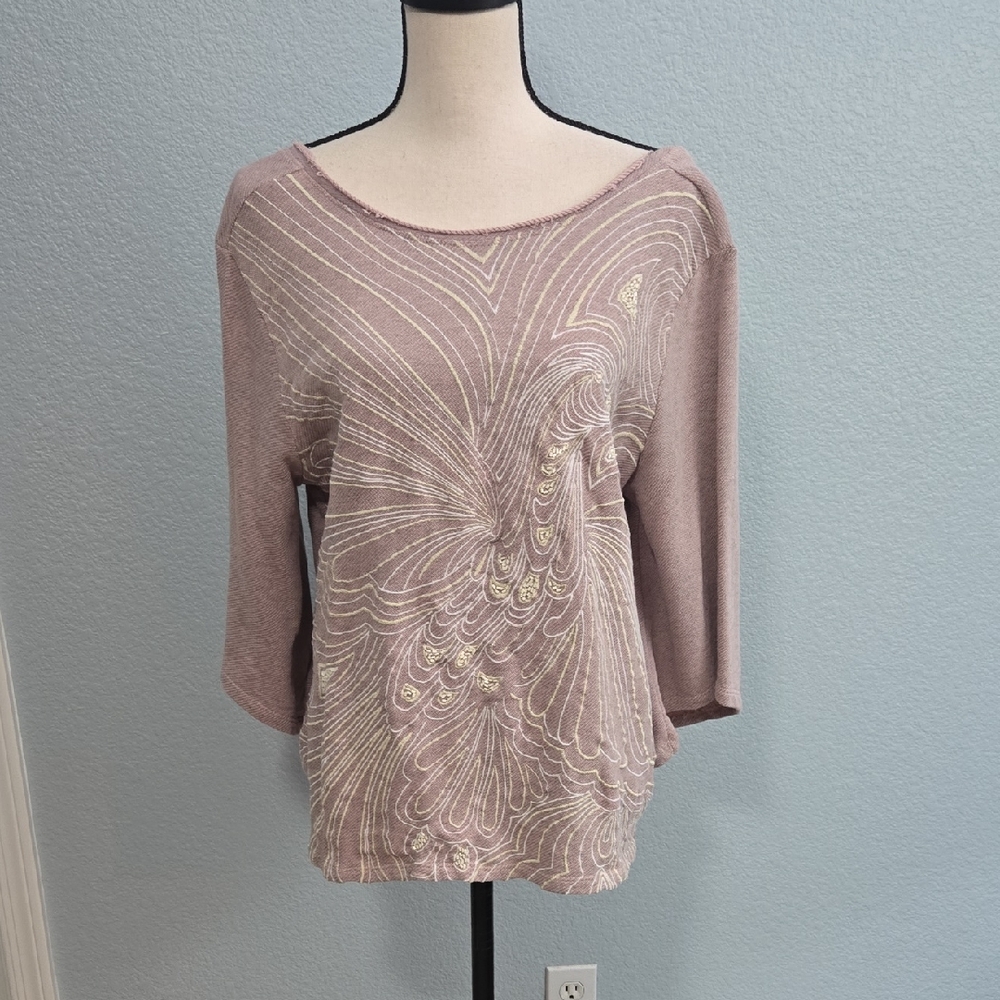AKEMI & KIN ANTHROPOLOGIE Embelished Mauve Pullover Raw Edge 3/4 Sleeves LARGE
